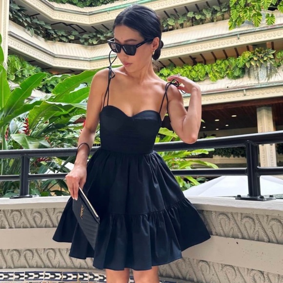 STAUD Landry open-back smocked tiered cotton-blend poplin mini dress sz S black - Picture 3 of 9